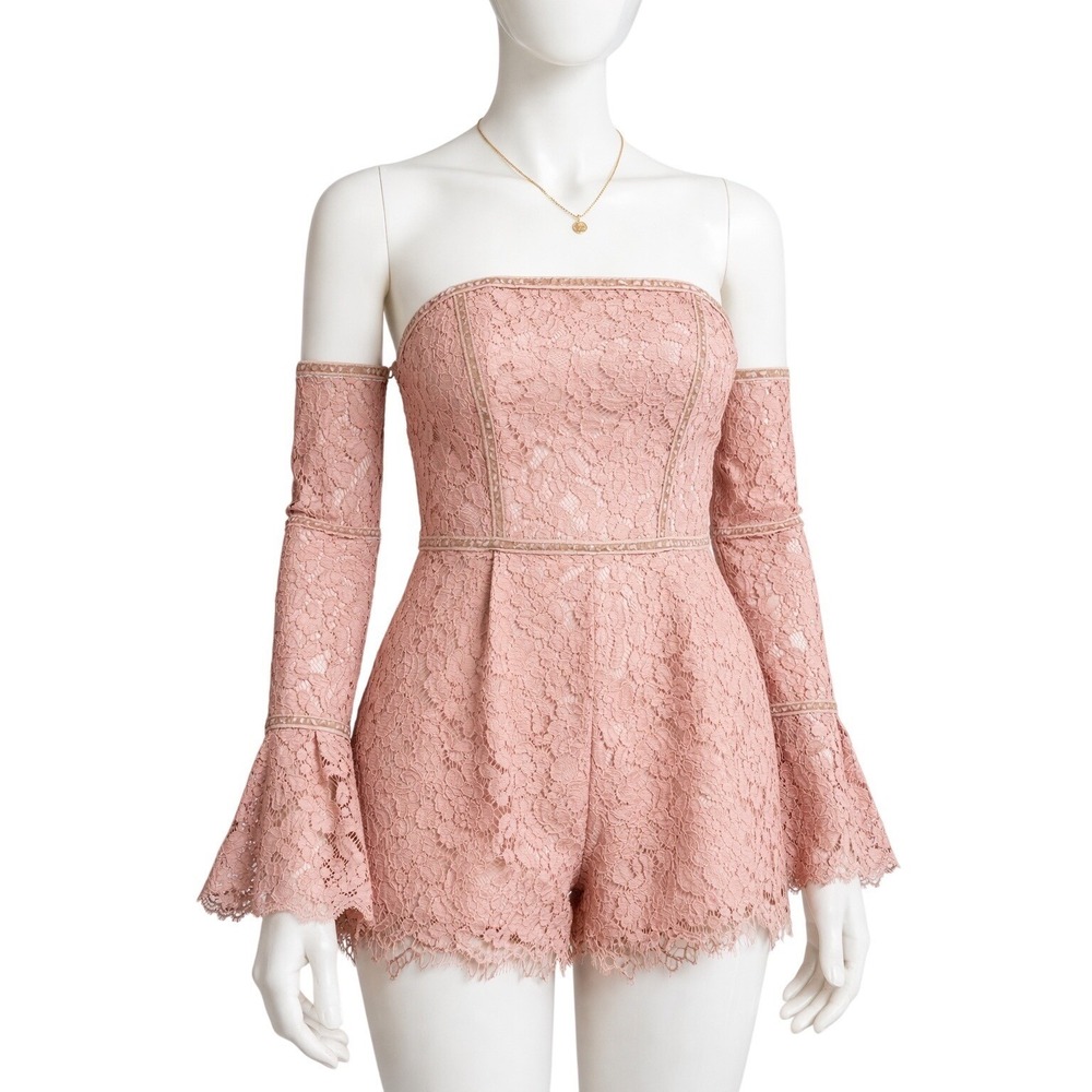 Tobi Lace Romper Womens M Pink Off Shoulder Bell Sleeve BOHO Coquette Romantic